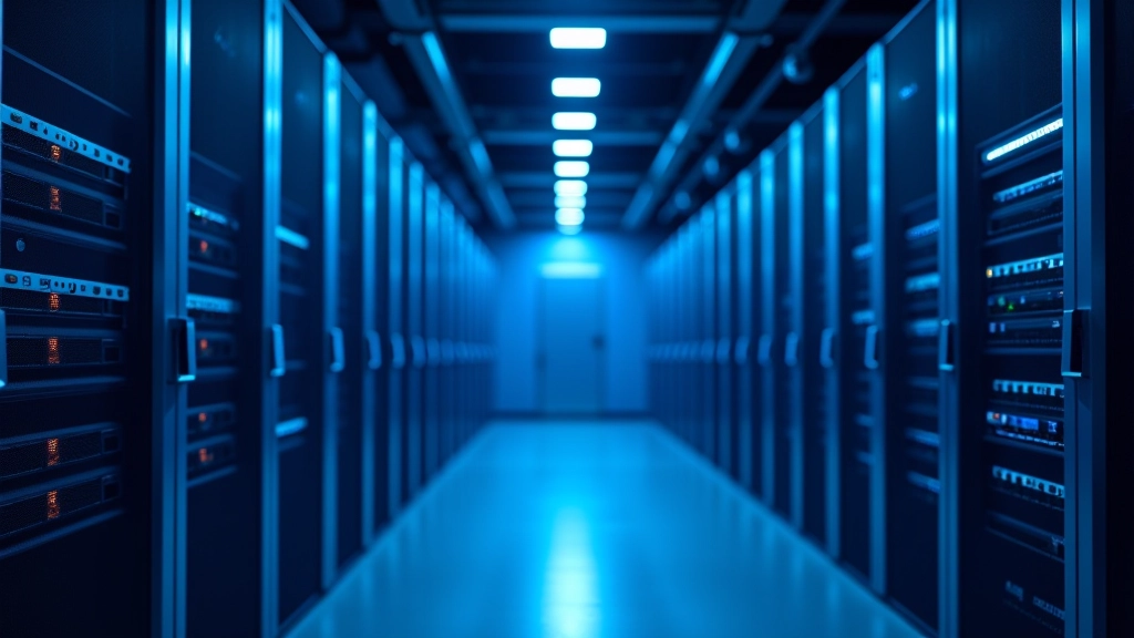 IT-Speicherzentrum mit Server-Racks und blauem Licht, Rechenzentrum