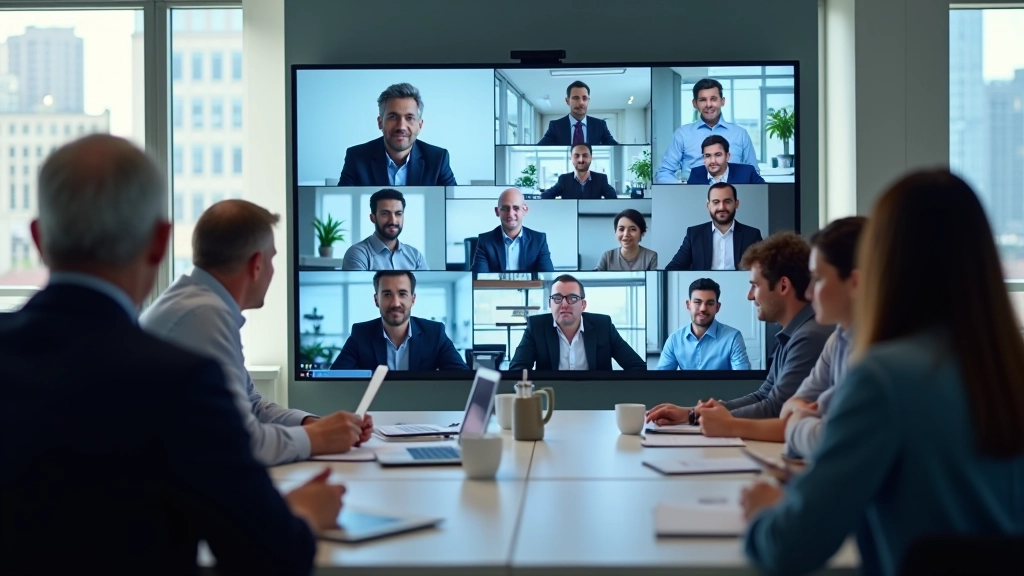 Internationale Geschäftsmänner und Frauen bei einer Videokonferenz mit mehreren Teilnehmern auf einem großen Monitor