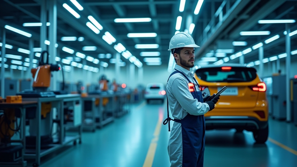 Moderne Autofabrik mit Elektromontage und Robotereinrichtungen, Industrieproduktion