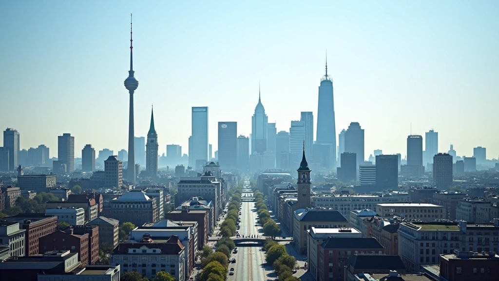 Europäische Flaggen wehen vor historischen Gebäuden in einer modernen Finanzstadt