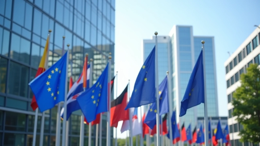 Europäische Flaggen in einer Reihe angeordnet, Symbol für internationale Zusammenarbeit