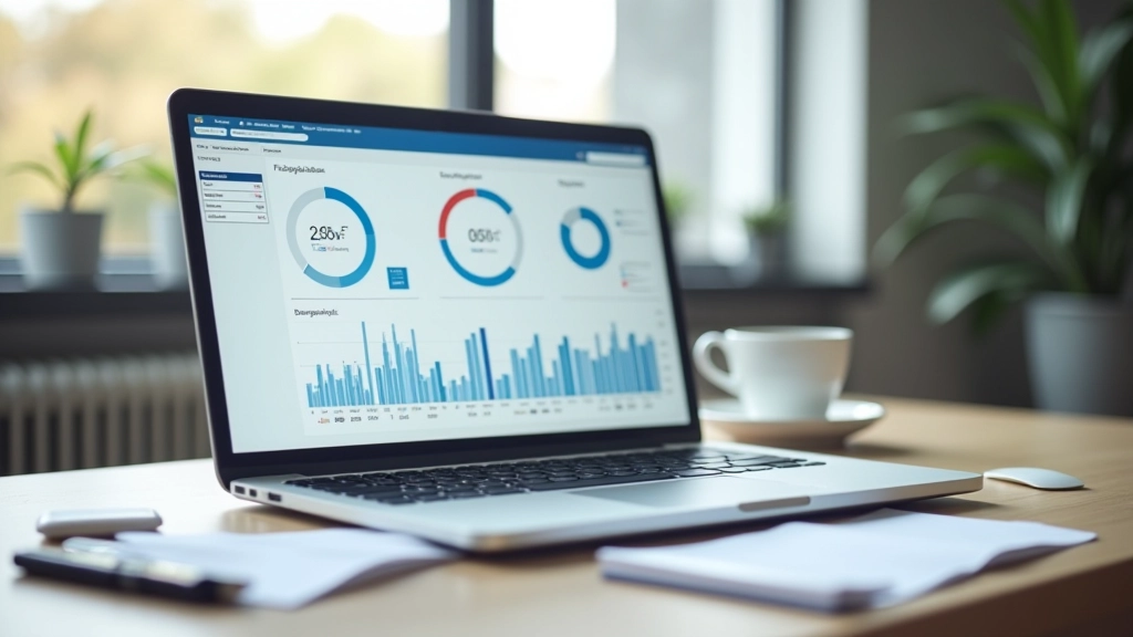 Laptop auf Schreibtisch mit Finanzdiagrammen und Analysecharts auf dem Bildschirm