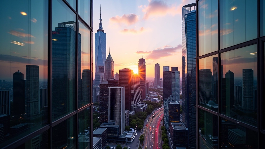 Moderne Skyline mit Finanzgebäuden und Bürotürmen bei Sonnenuntergang
