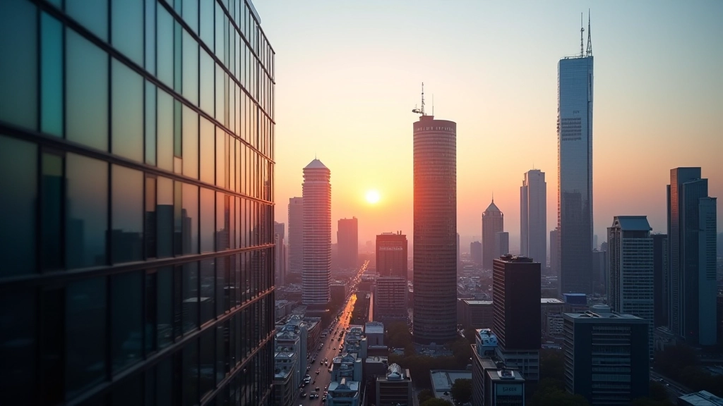 Moderne Finanzdistrikt mit Glasgebäuden und urbaner Skyline, die den Wirtschaftsstandort Deutschland repräsentiert