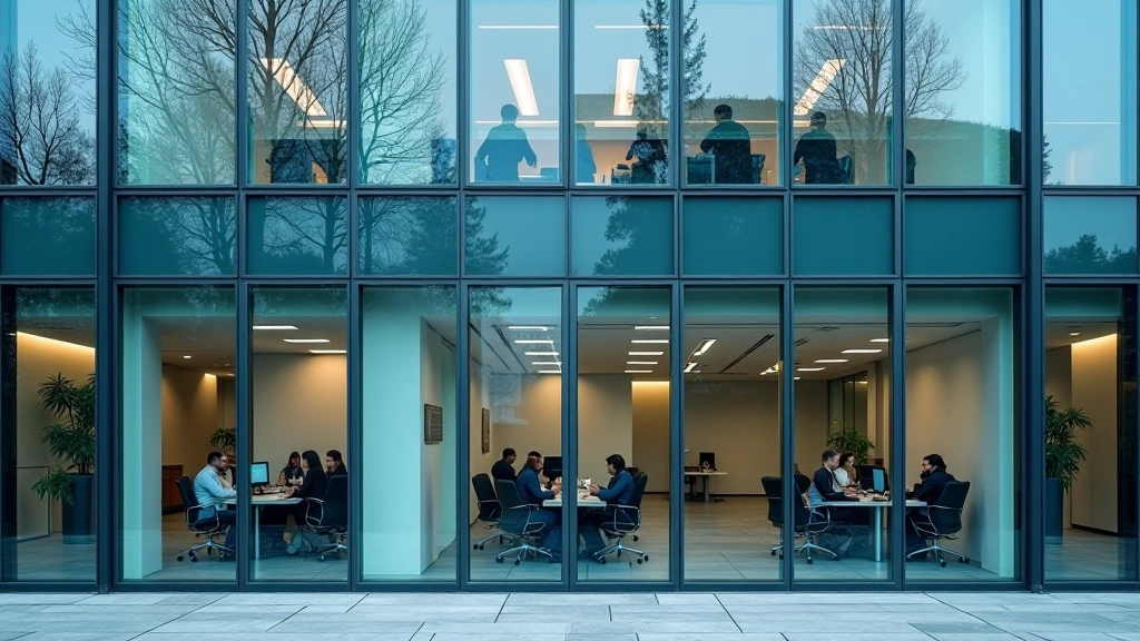 Verwaltungsgebäude mit modernem Design, Glasfassade, Bürobeamte arbeiten an Schreibtischen sichtbar durch Fenster, Tageszeit, Stadtlage, scharfer Fokus