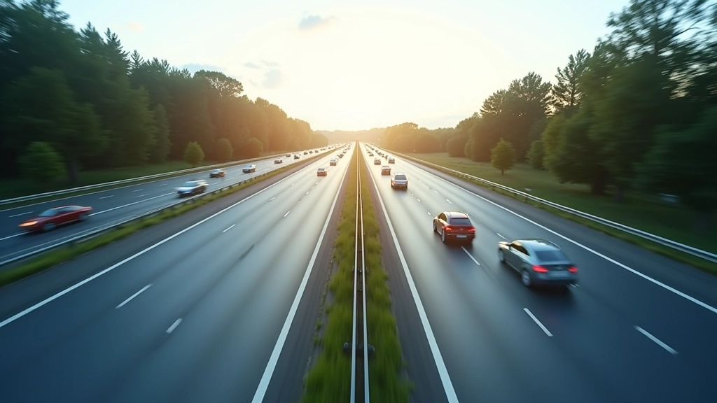 Moderne Autobahn mit mehrspurigem Verkehr, zeitrafferaufnahme mit verschwommenen Fahrzeugen, sonnige Tageszeit, scharfe Fokussierung auf Fahrspuren
