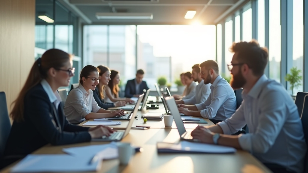 Moderne Bürolandschaft mit internationalen Mitarbeitern an Schreibtischen mit Computern und Dokumenten