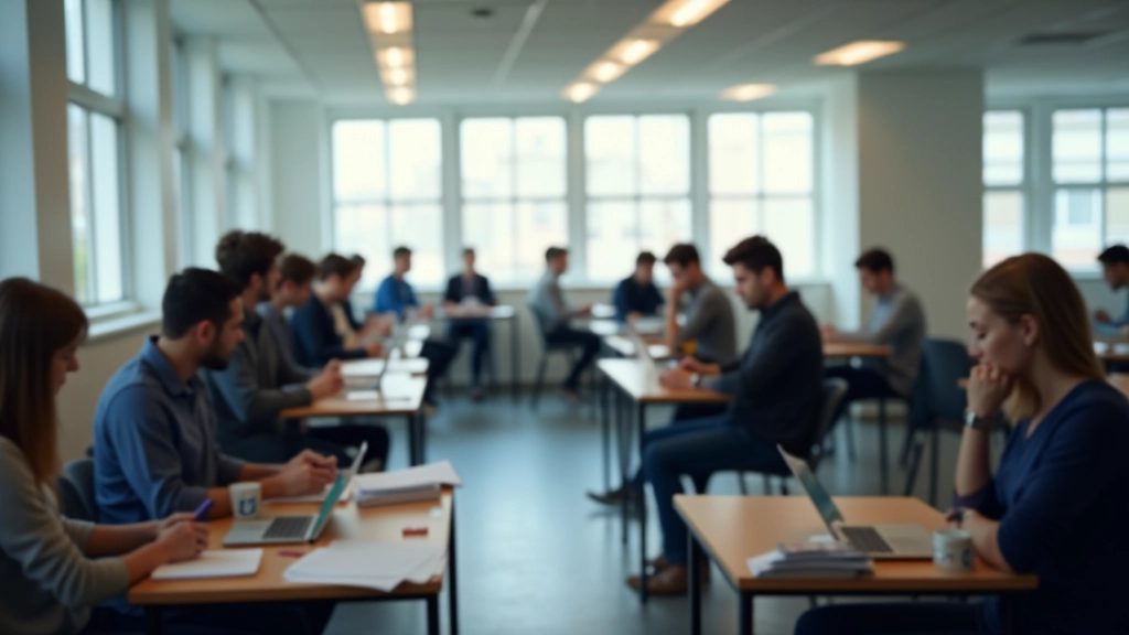 Moderne Universität mit Studierenden in Lernräumen, helle Räume mit Tischen und Computern, diverse Studenten, natürliches Licht von Fenstern, scharfer Fokus